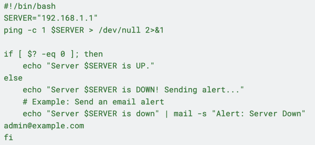 bash if else script to check if a server is up and notify an admin if it's down.